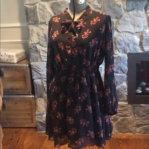 Long sleeve neck tie cinched waist black dress